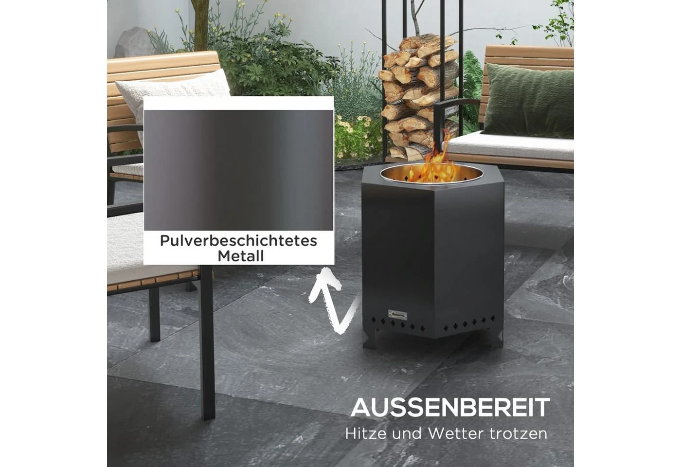 Outsunny Feuerschale Schwarz mit Schürhaken Metall - Bild 5
