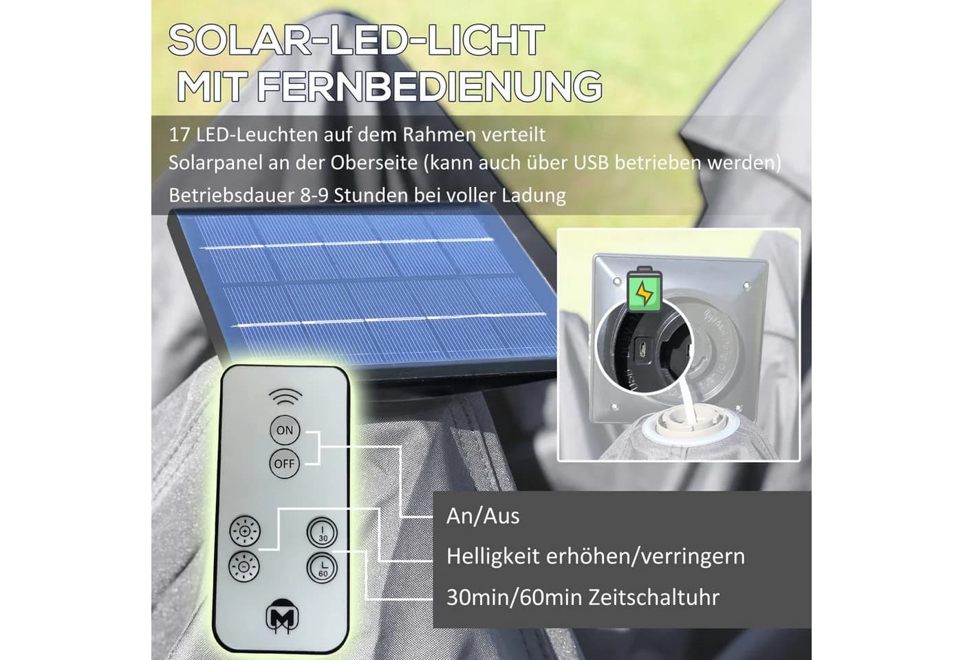 Outsunny Pop-Up Pavillon 3,3x3,3m mit LED, USB & Solar, Grau - Bild 4