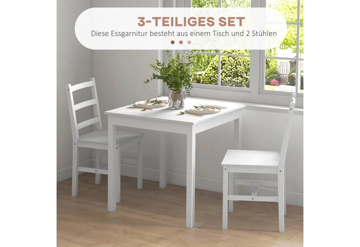 HOMCOM Essgruppe Küchentisch-Set für 2 Personen Weiß Kiefernholz - Bild 4