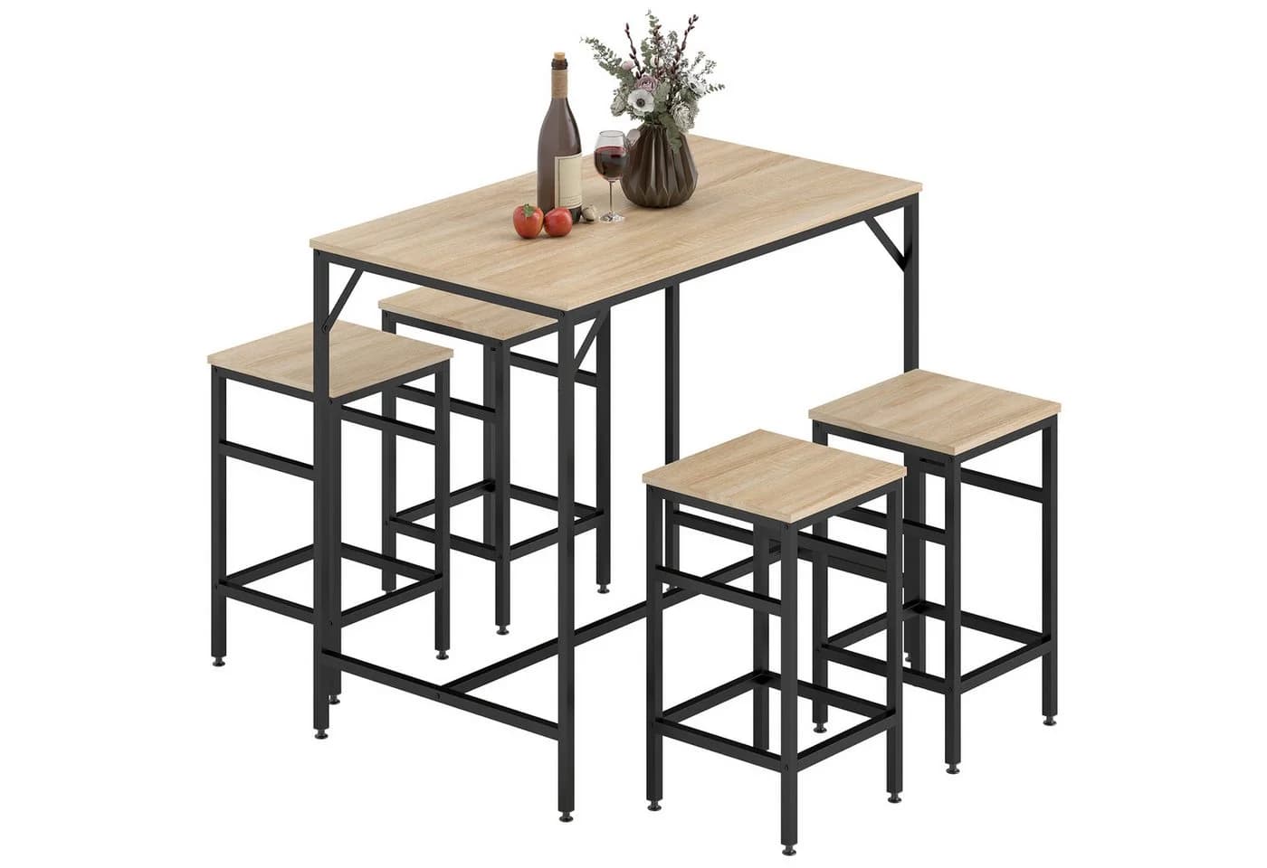 HOMCOM Bartisch-Set 5-tlg. Eiche Schwarz mit 4 Hockern
