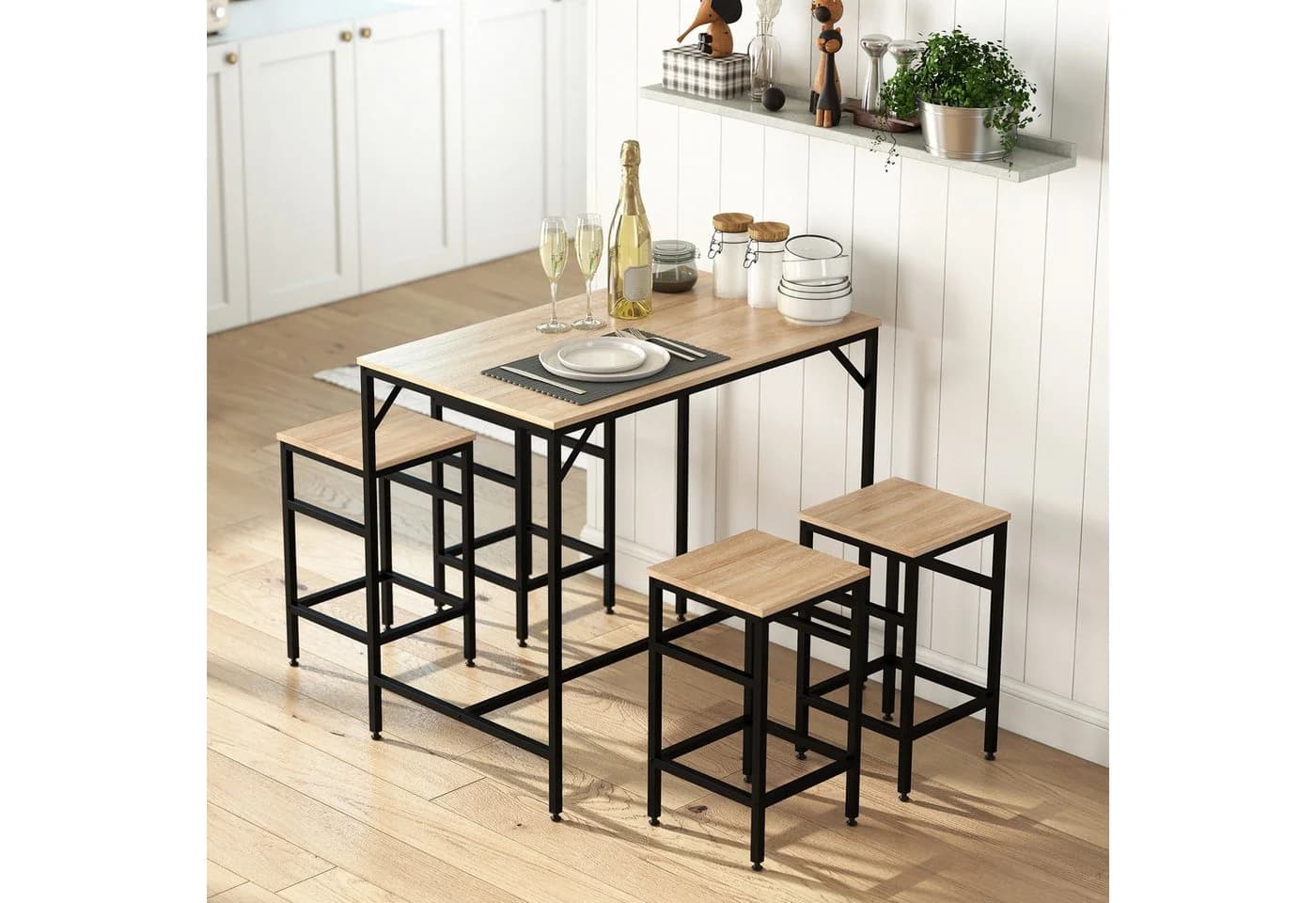 HOMCOM Bartisch-Set 5-tlg. Eiche Schwarz mit 4 Hockern - Bild 2