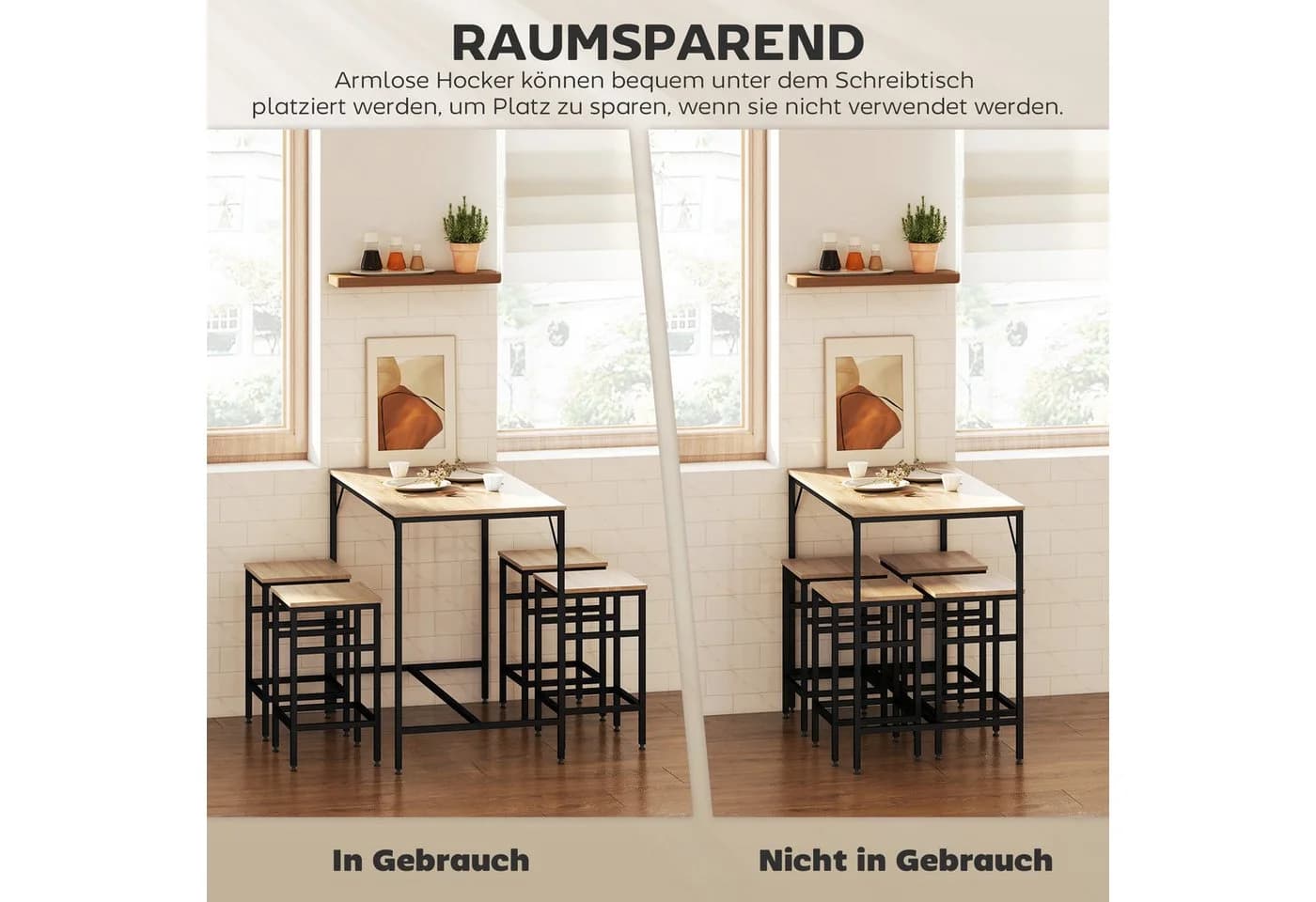 HOMCOM Bartisch-Set 5-tlg. Eiche Schwarz mit 4 Hockern - Bild 4