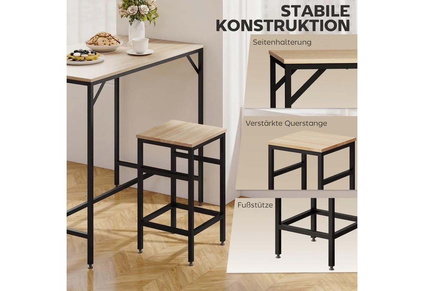 HOMCOM Bartisch-Set 5-tlg. Eiche Schwarz mit 4 Hockern - Bild 5
