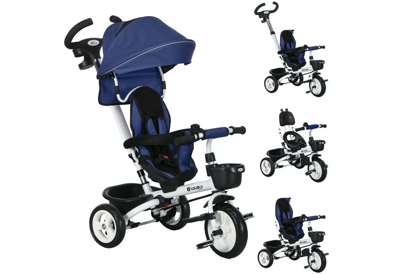 HOMCOM Kinderdreirad mit Sicherheitsgurt und Schubstange Blau