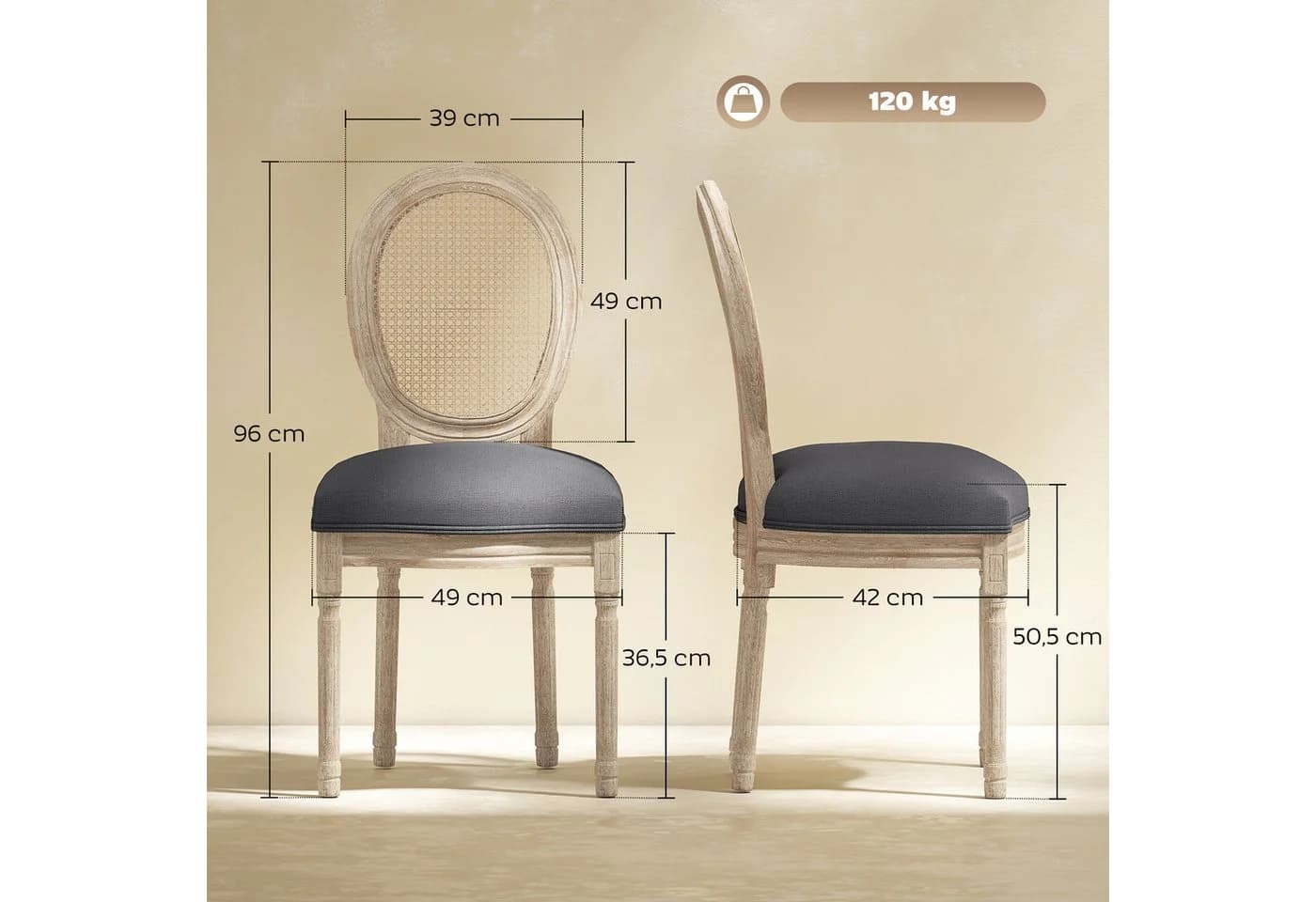 HOMCOM Esszimmerstuhl 2er-Set Grau Polyrattan Kautschukholz Französischer Stil - Bild 3