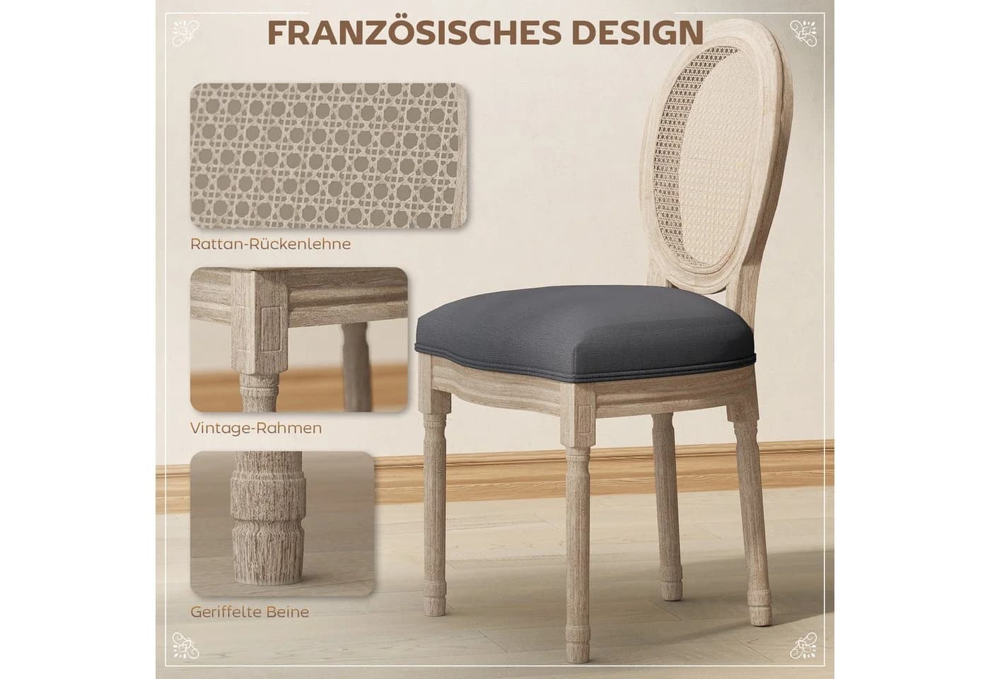 HOMCOM Esszimmerstuhl 2er-Set Grau Polyrattan Kautschukholz Französischer Stil - Bild 4