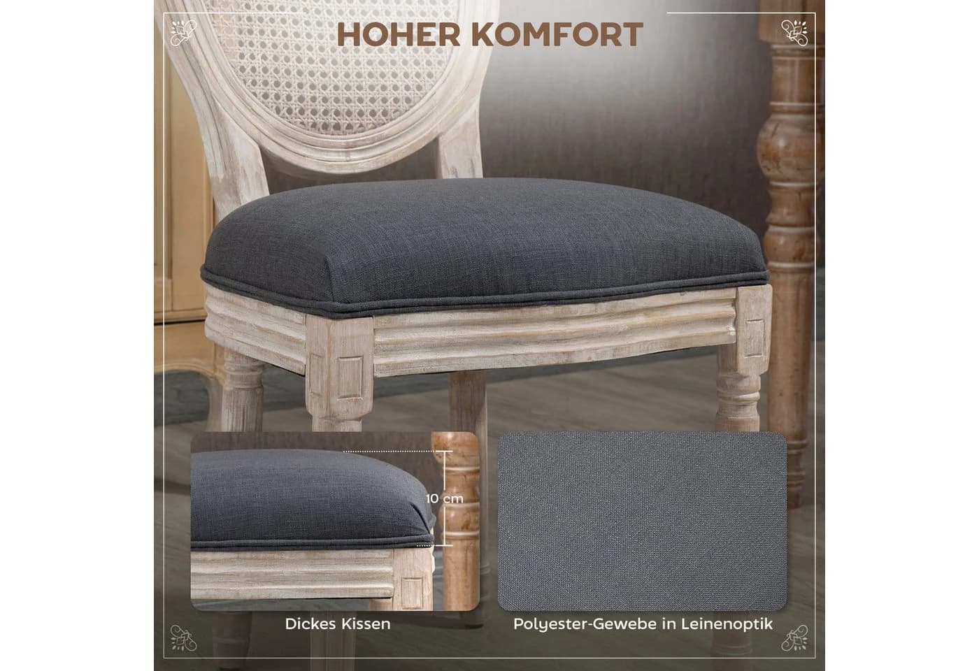 HOMCOM Esszimmerstuhl 2er-Set Grau Polyrattan Kautschukholz Französischer Stil - Bild 5