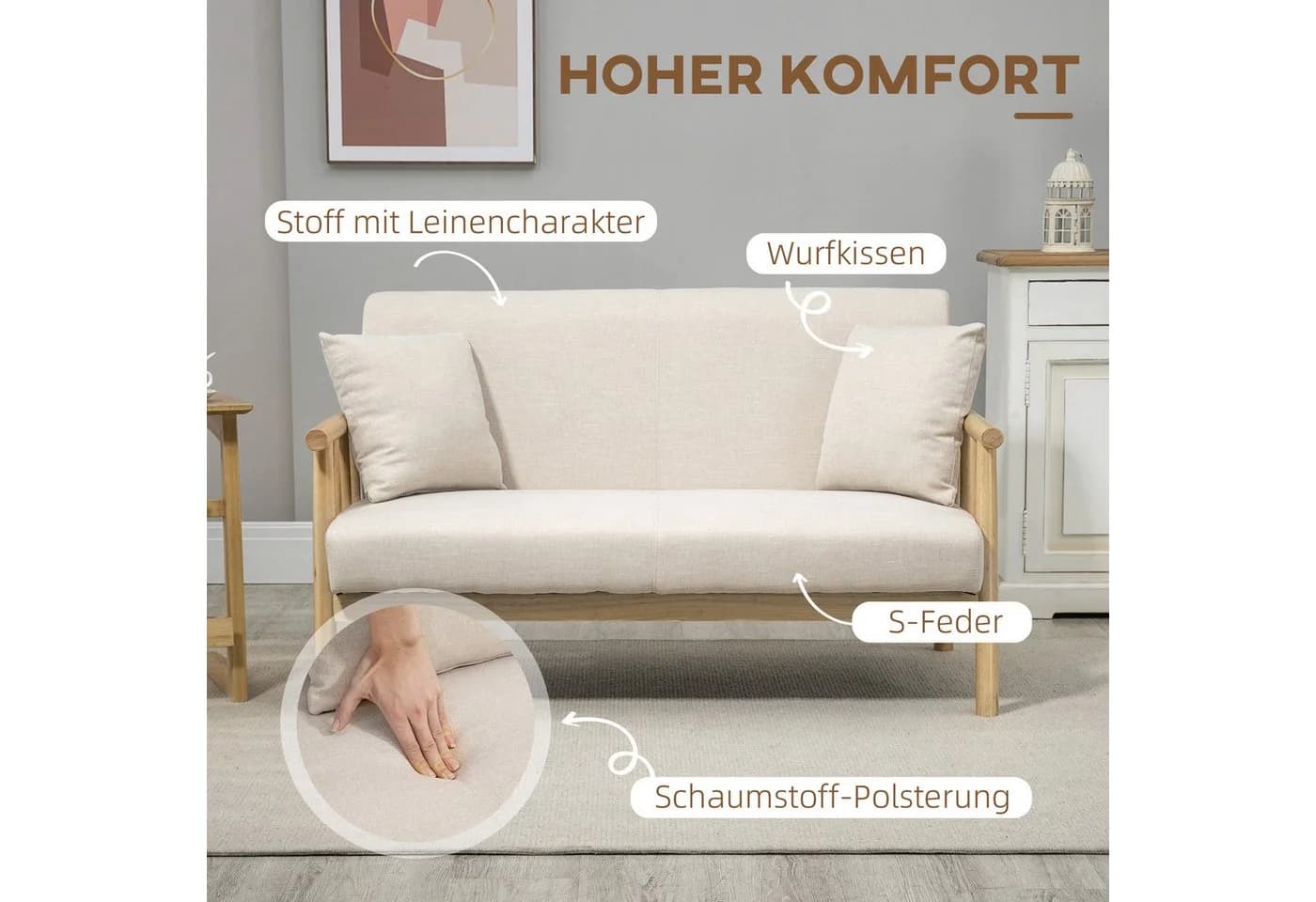 HOMCOM 2-Sitzer Sofa Beige Polyester Leinenoptik - Bild 4