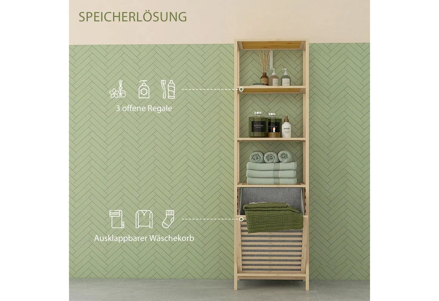 HOMCOM Badregal mit Wäschekorb Bambus Natur - Bild 4