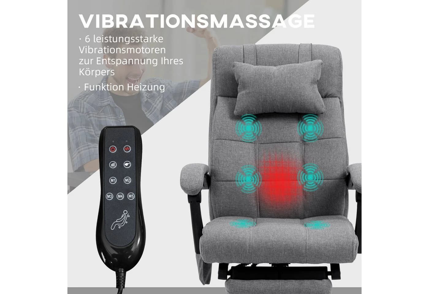 Vinsetto Schreibtischstuhl Bürostuhl mit Massagefunktion, Grau - Bild 4