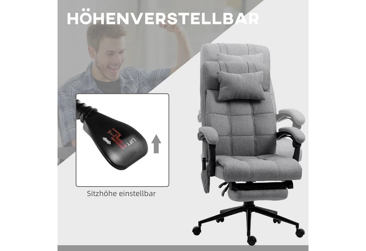 Vinsetto Schreibtischstuhl Bürostuhl mit Massagefunktion, Grau - Bild 5