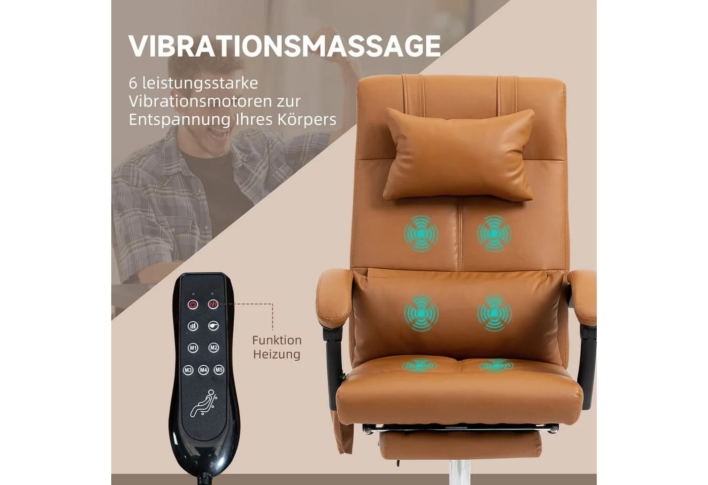 Vinsetto Schreibtischstuhl Bürostuhl mit Wippfunktion, Massagesessel, Braun - Bild 4