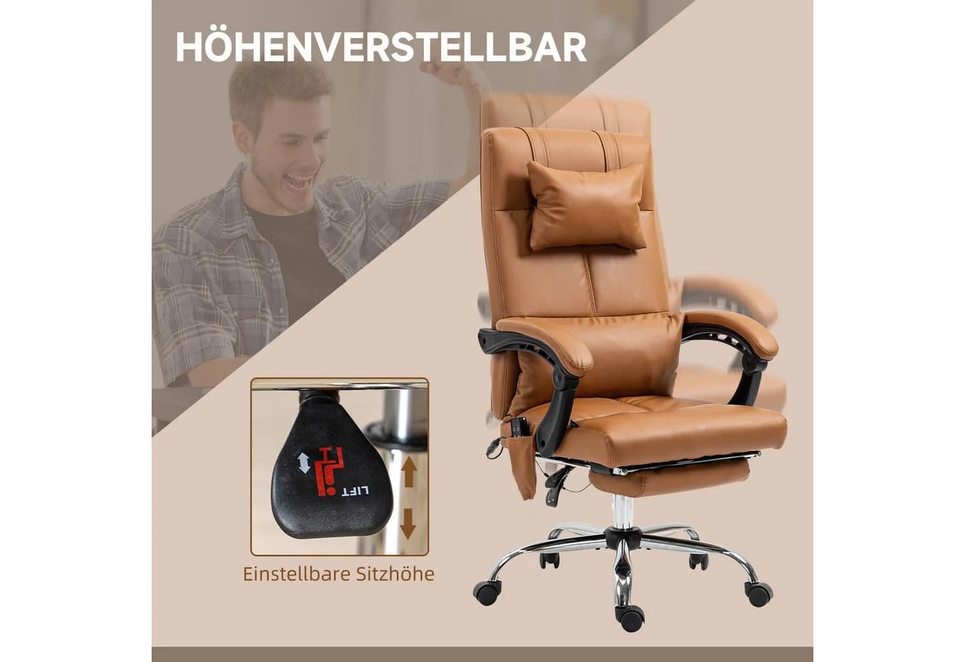 Vinsetto Schreibtischstuhl Bürostuhl mit Wippfunktion, Massagesessel, Braun - Bild 5