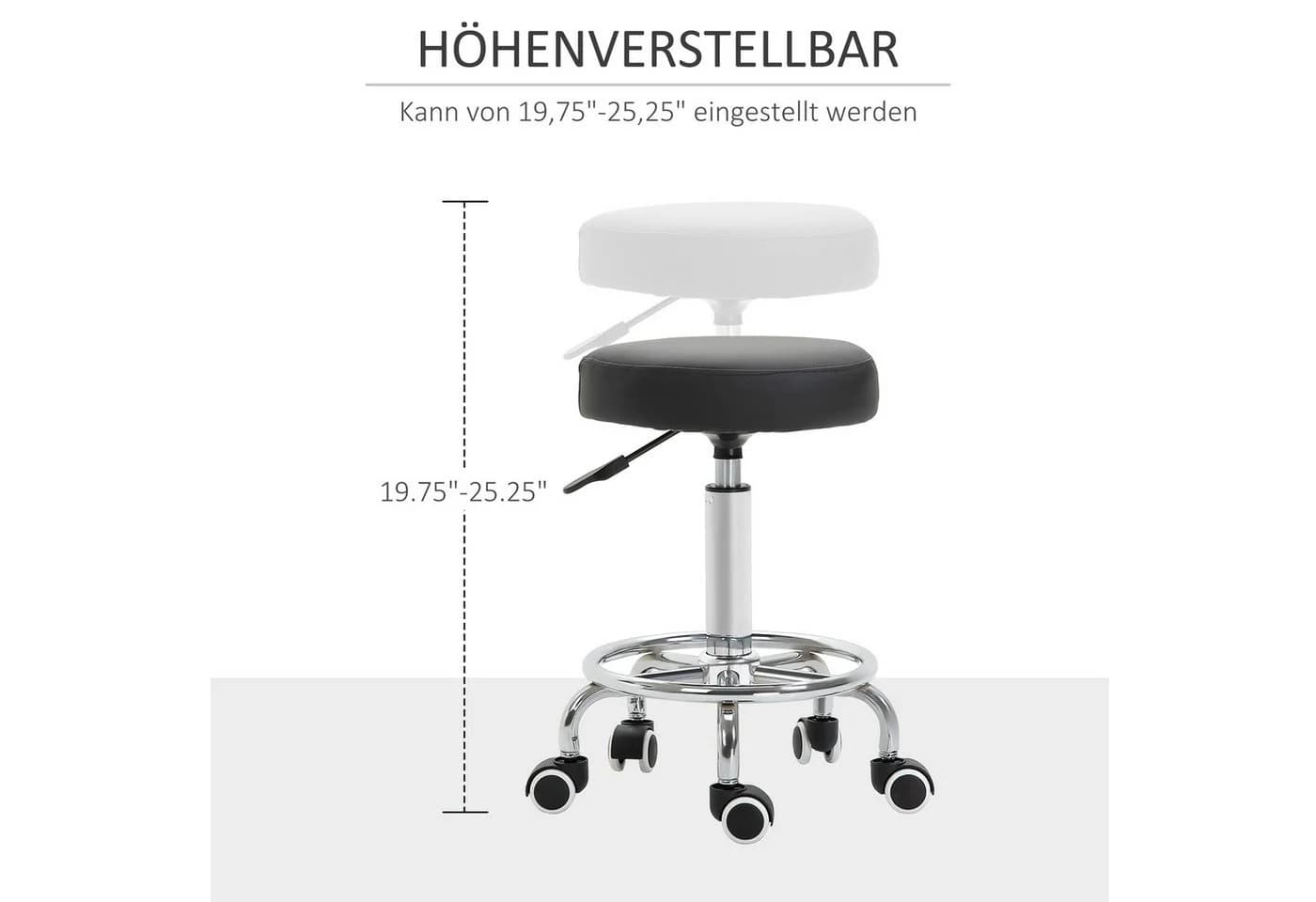 Vinsetto Rollsitz Samt-Touch mit Rädern, höhenverstellbarer Salonhocker, Schwarz - Bild 4