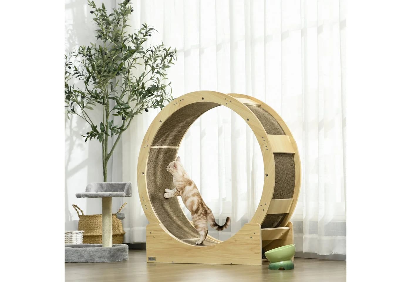 PawHut Katzenlaufrad Eiche mit Bremse und Kratzmatte - Bild 2
