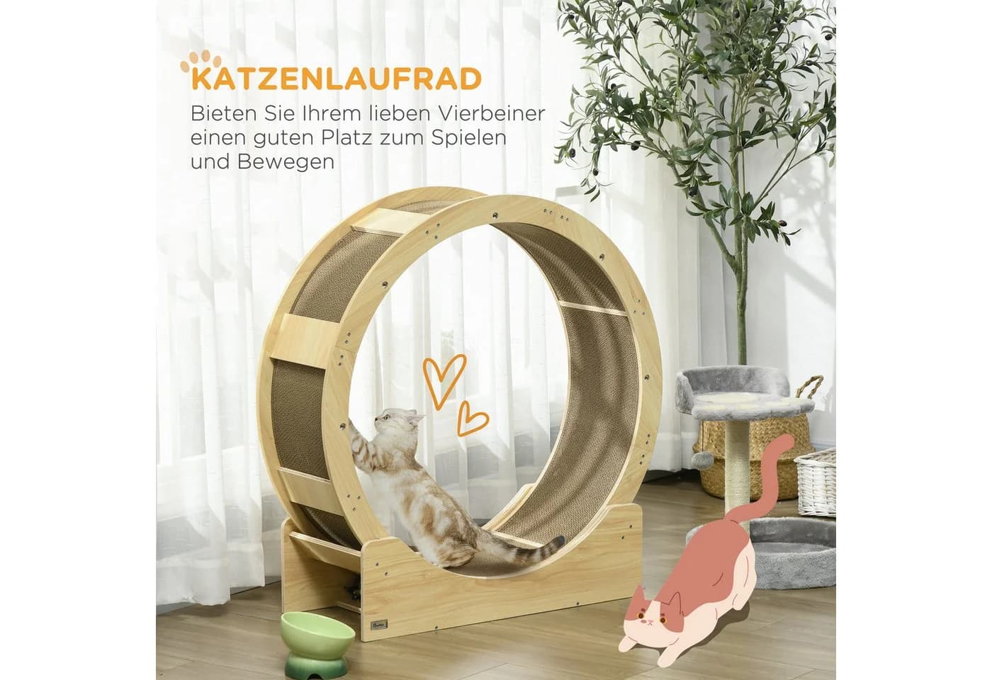 PawHut Katzenlaufrad Eiche mit Bremse und Kratzmatte - Bild 4
