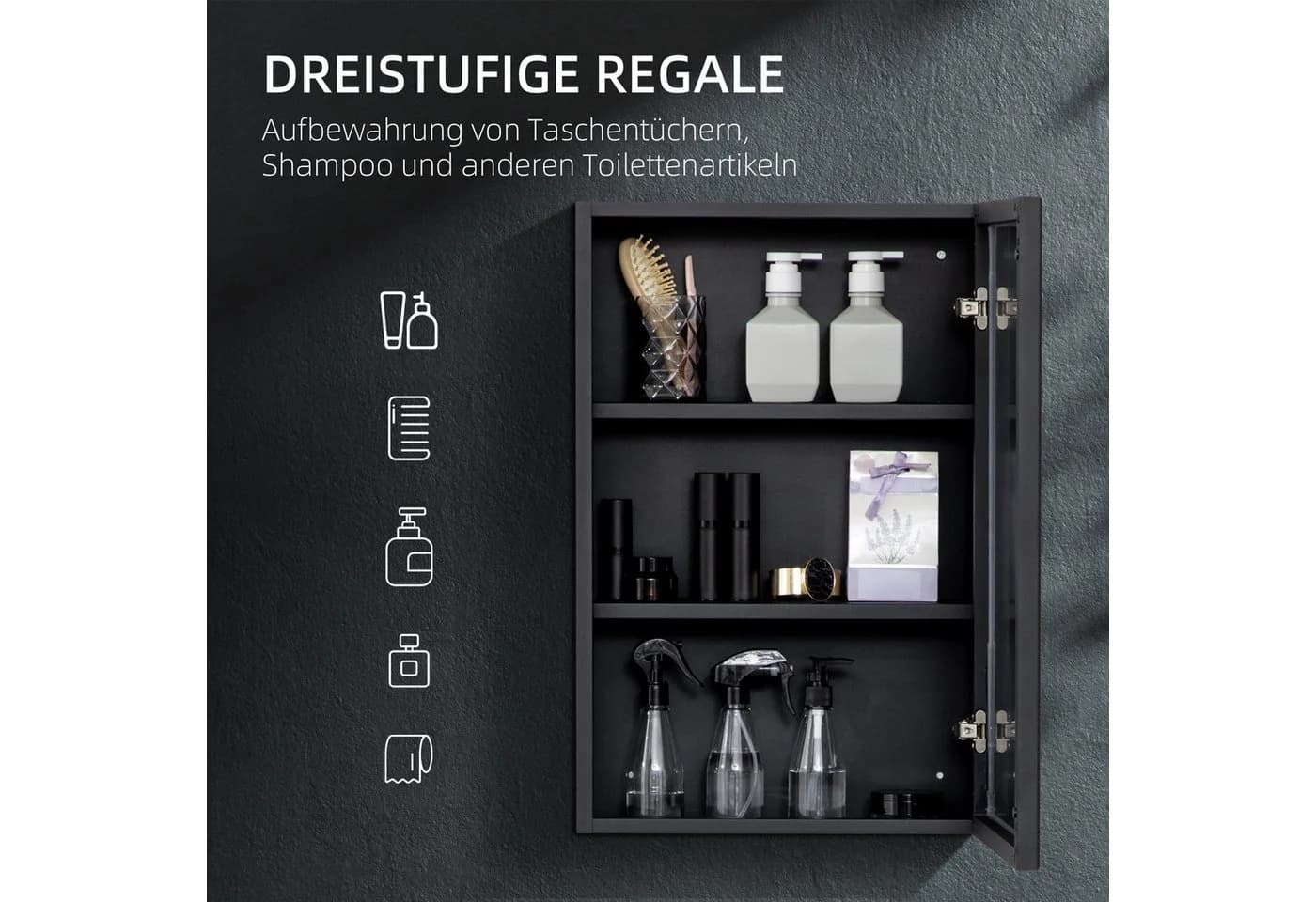 Kleankin Spiegelschrank Wand-Medizinschwarz mit Spiegel und Ablageflächen - Bild 4