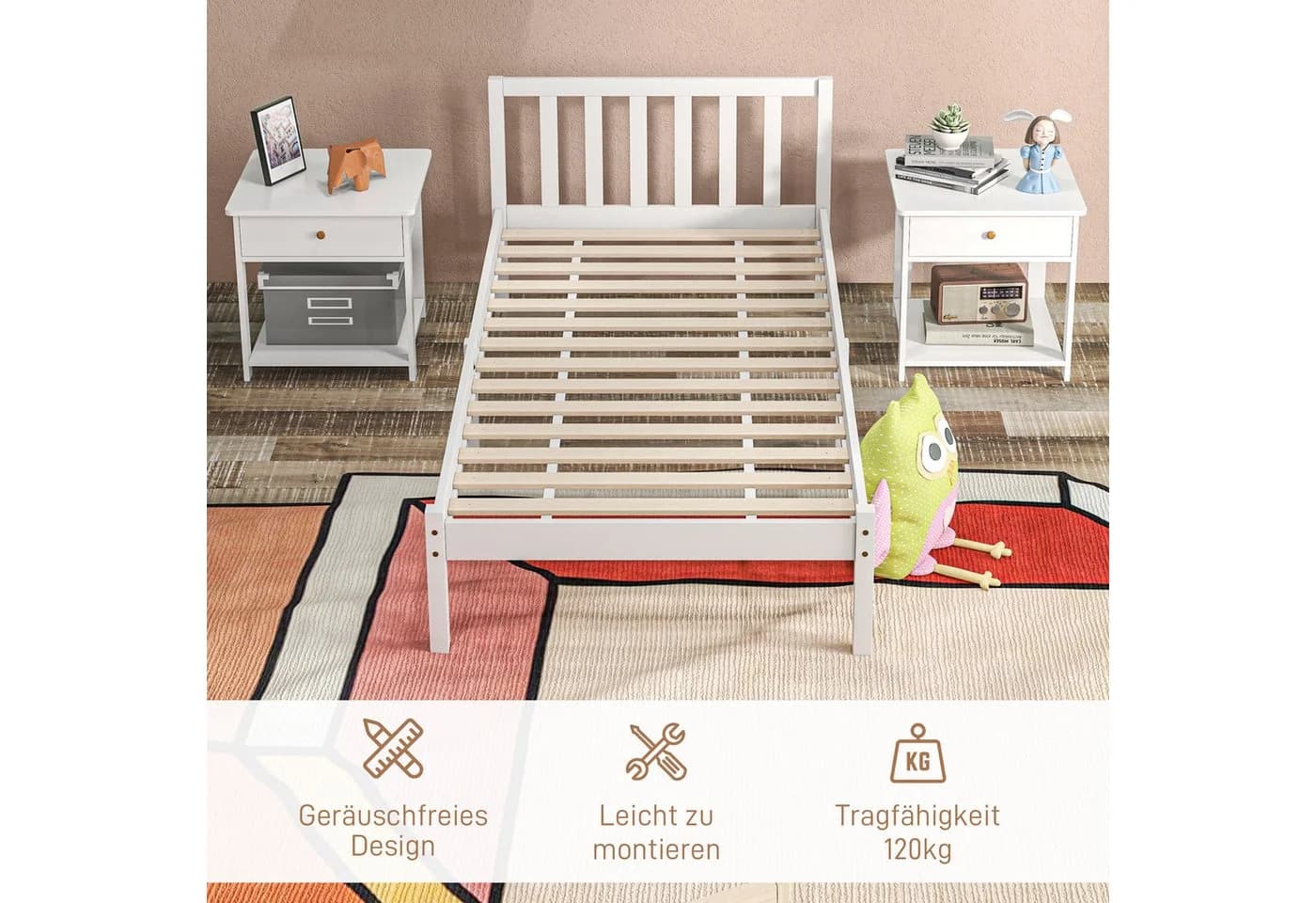 HOMCOM Bettgestell Kiefernholz Weiß Einzelbettgestell - Bild 5