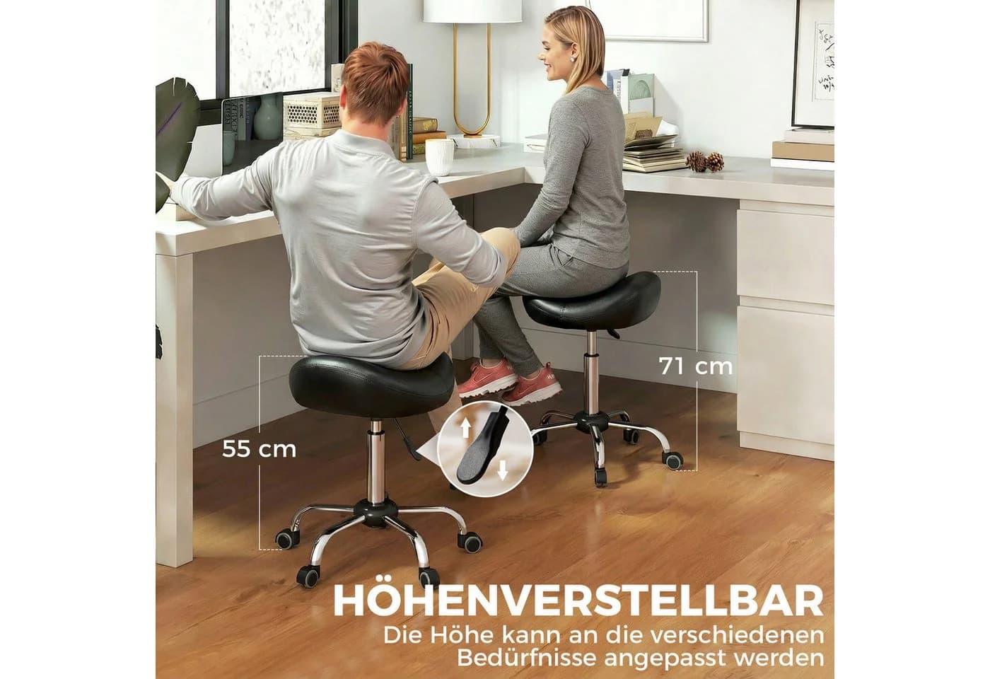 HOMCOM Drehhocker Schwarz PU-Leder höhenverstellbar mit Rollen - Bild 4