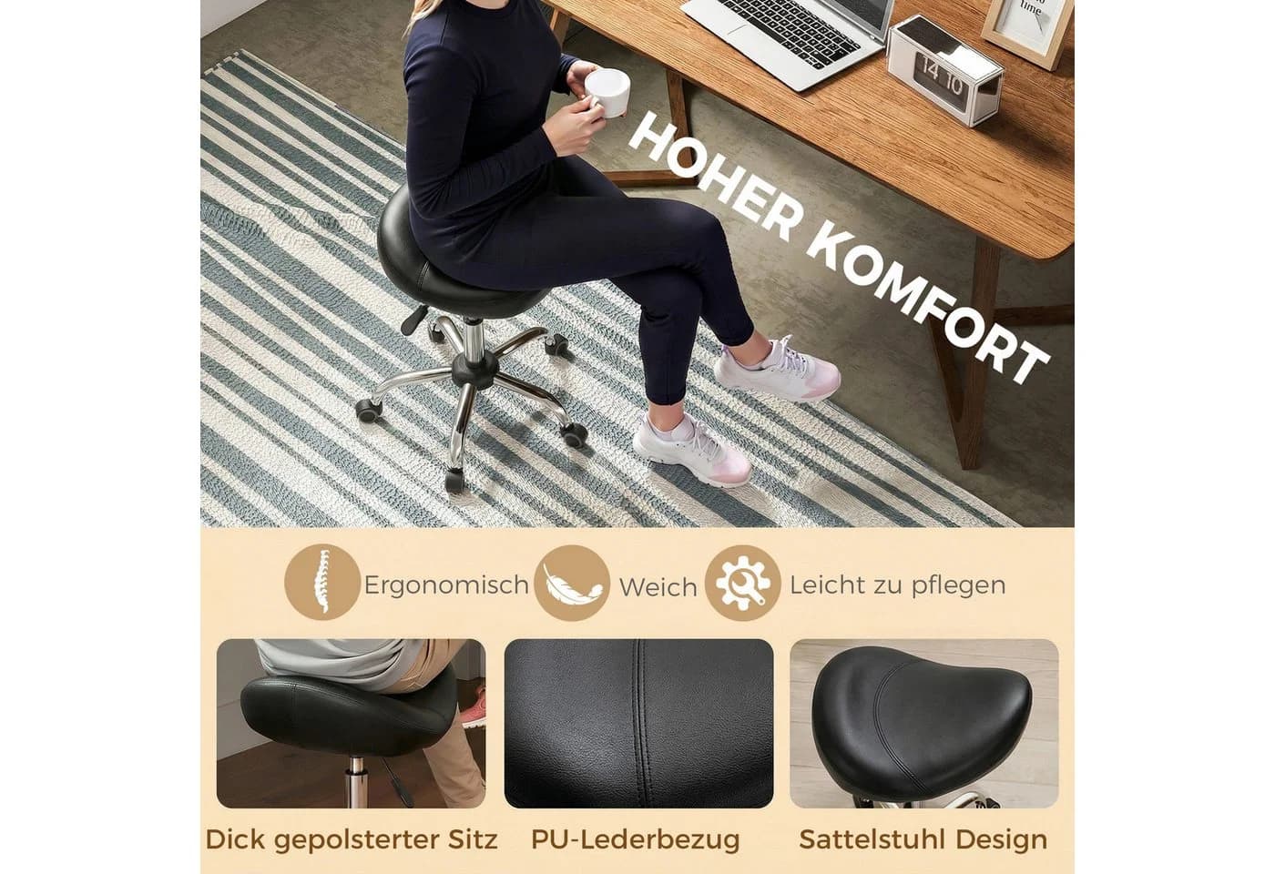 HOMCOM Drehhocker Schwarz PU-Leder höhenverstellbar mit Rollen - Bild 5