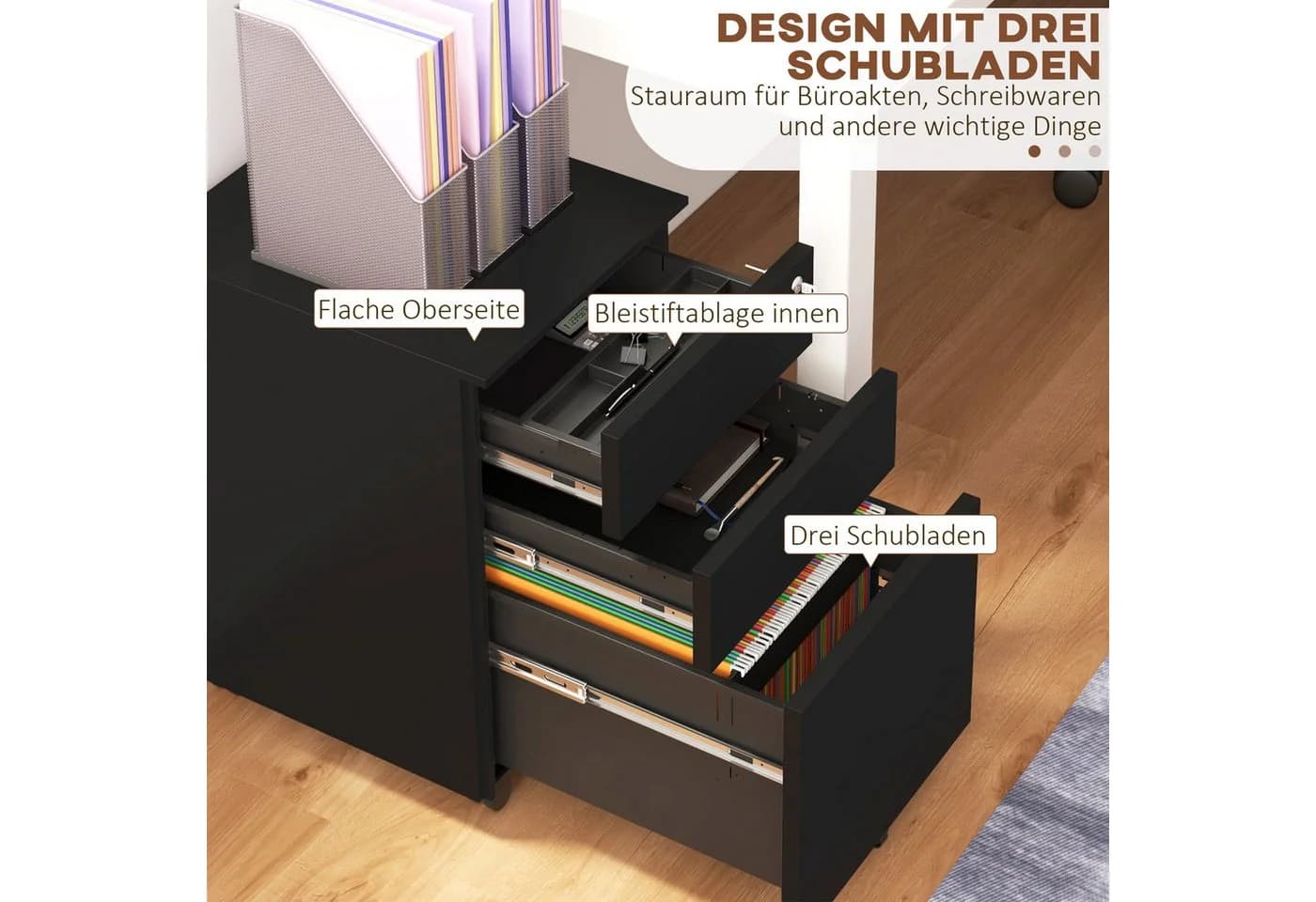 Vinsetto Rollcontainer Aktenschrank 3 Schubladen Schwarz Stahl - Bild 4