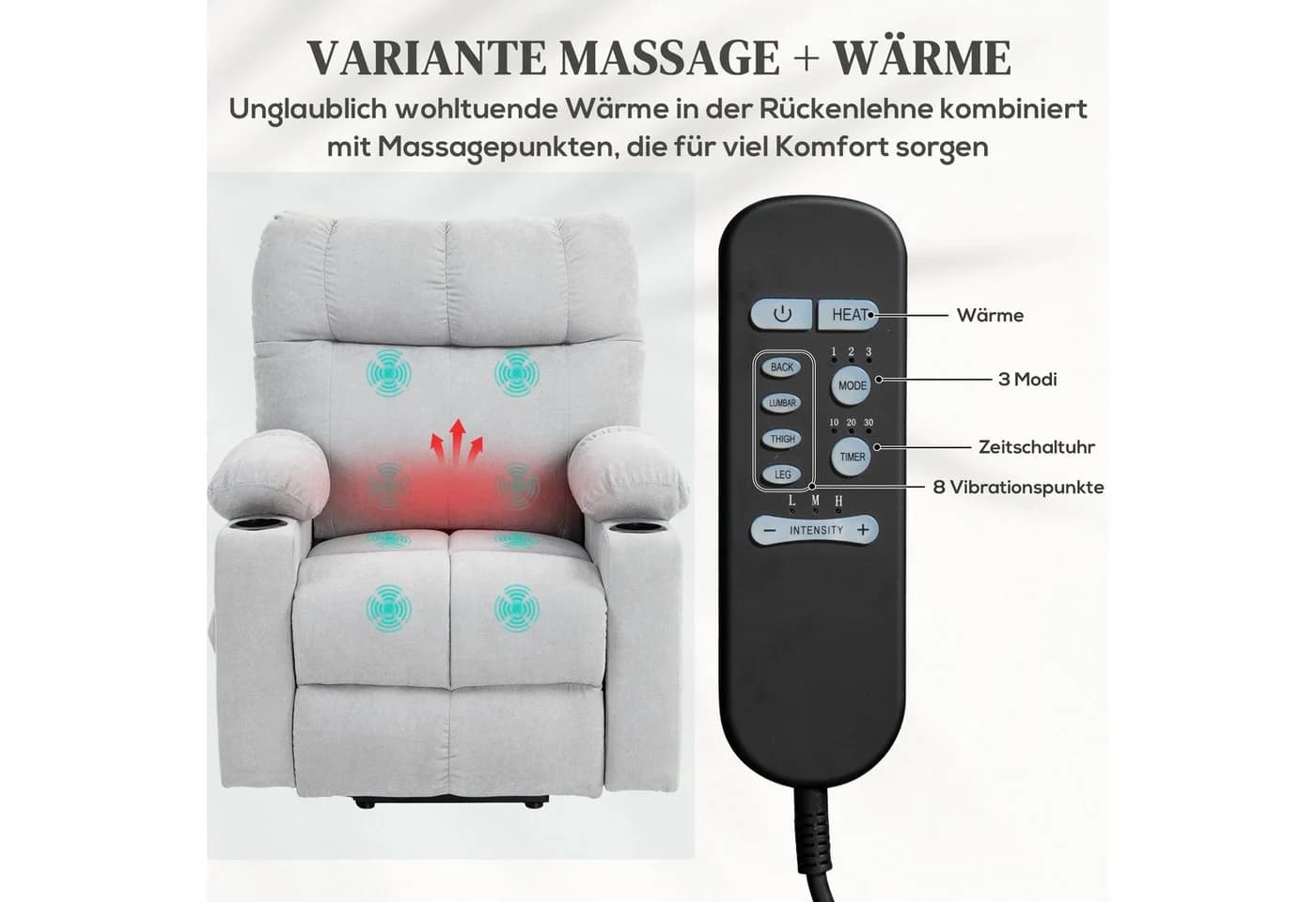 HOMCOM Massagesessel Elektrischer Aufstehsessel Grau - Bild 5