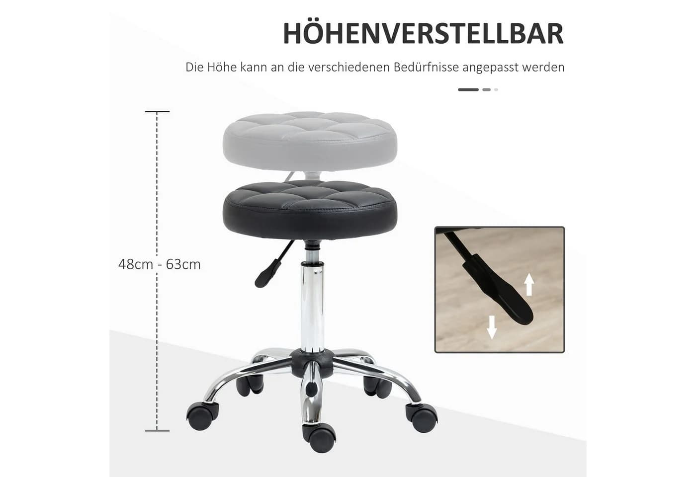 HOMCOM Rollhocker Schwarz Kunstleder höhenverstellbar mit Rollen - Bild 4
