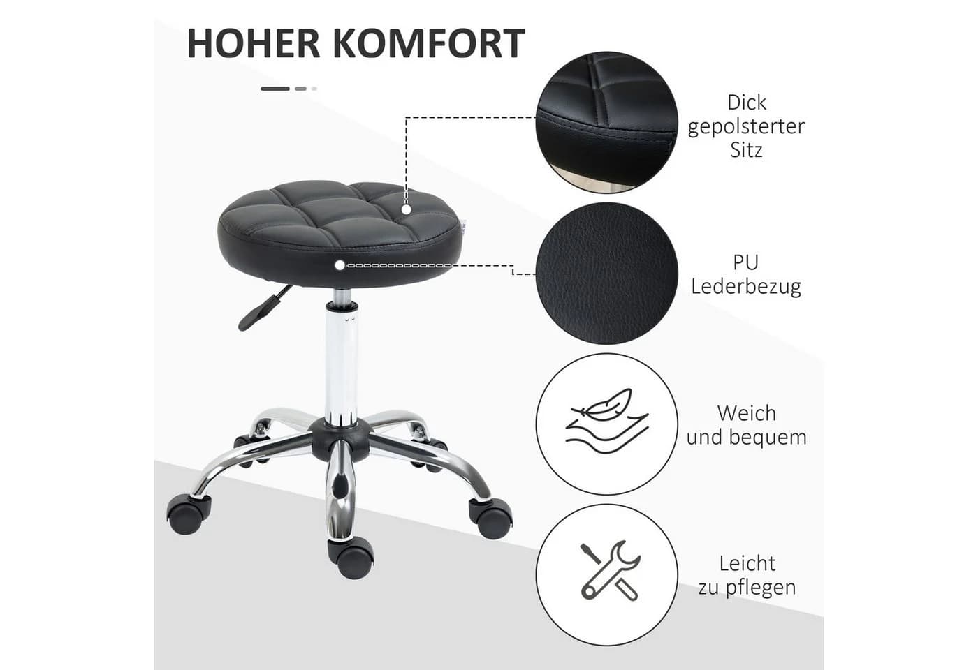 HOMCOM Rollhocker Schwarz Kunstleder höhenverstellbar mit Rollen - Bild 5