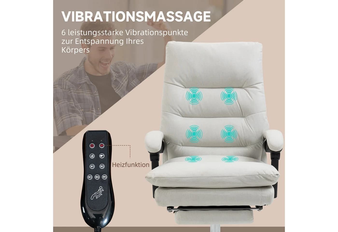 Vinsetto Chefsessel mit Massagefunktion Beige Mikrofaser Höhenverstellbar - Bild 4