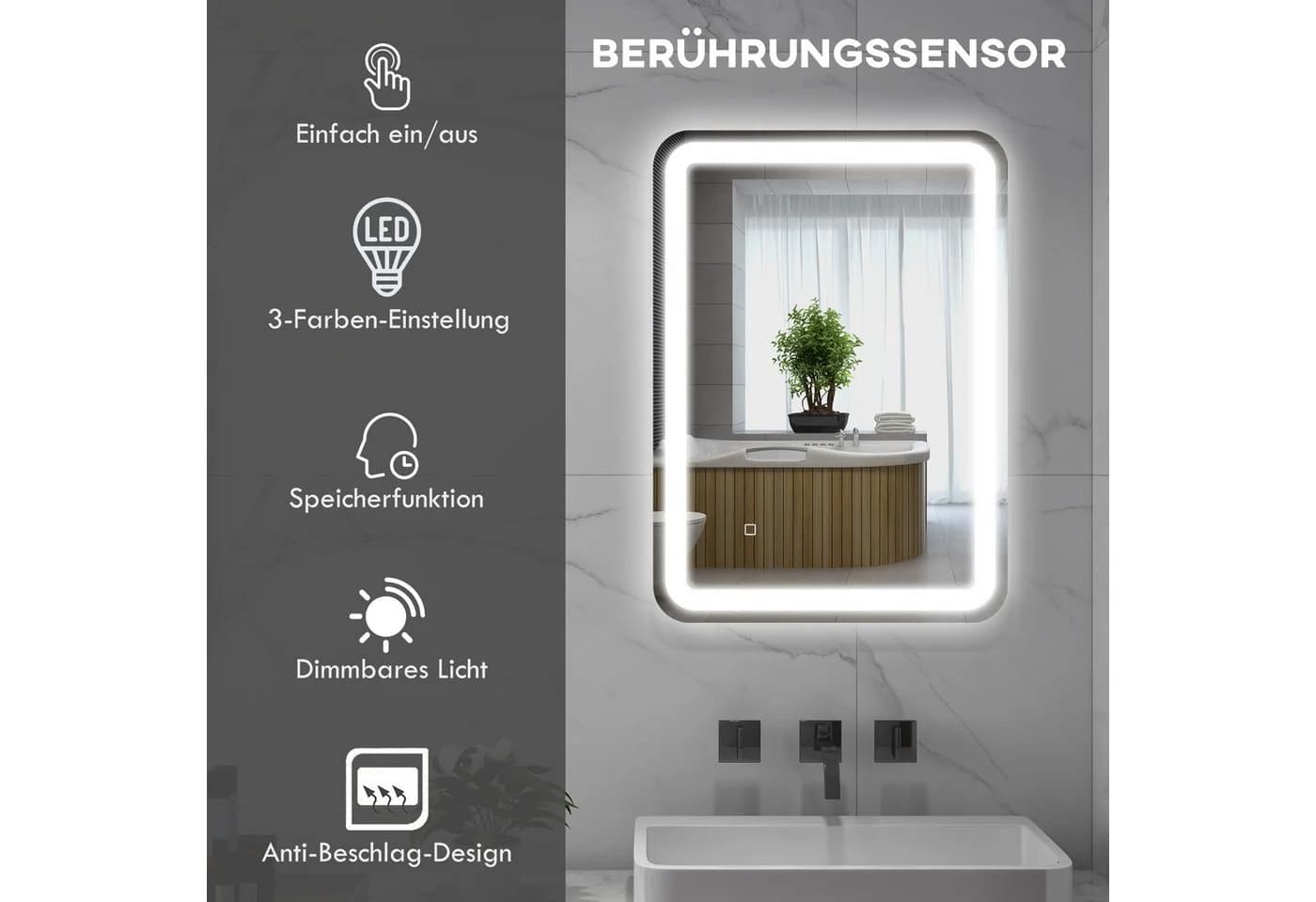 HOMCOM LED Badezimmerspiegel Silber mit Anti-Beschlag und Touch-Schalter - Bild 4