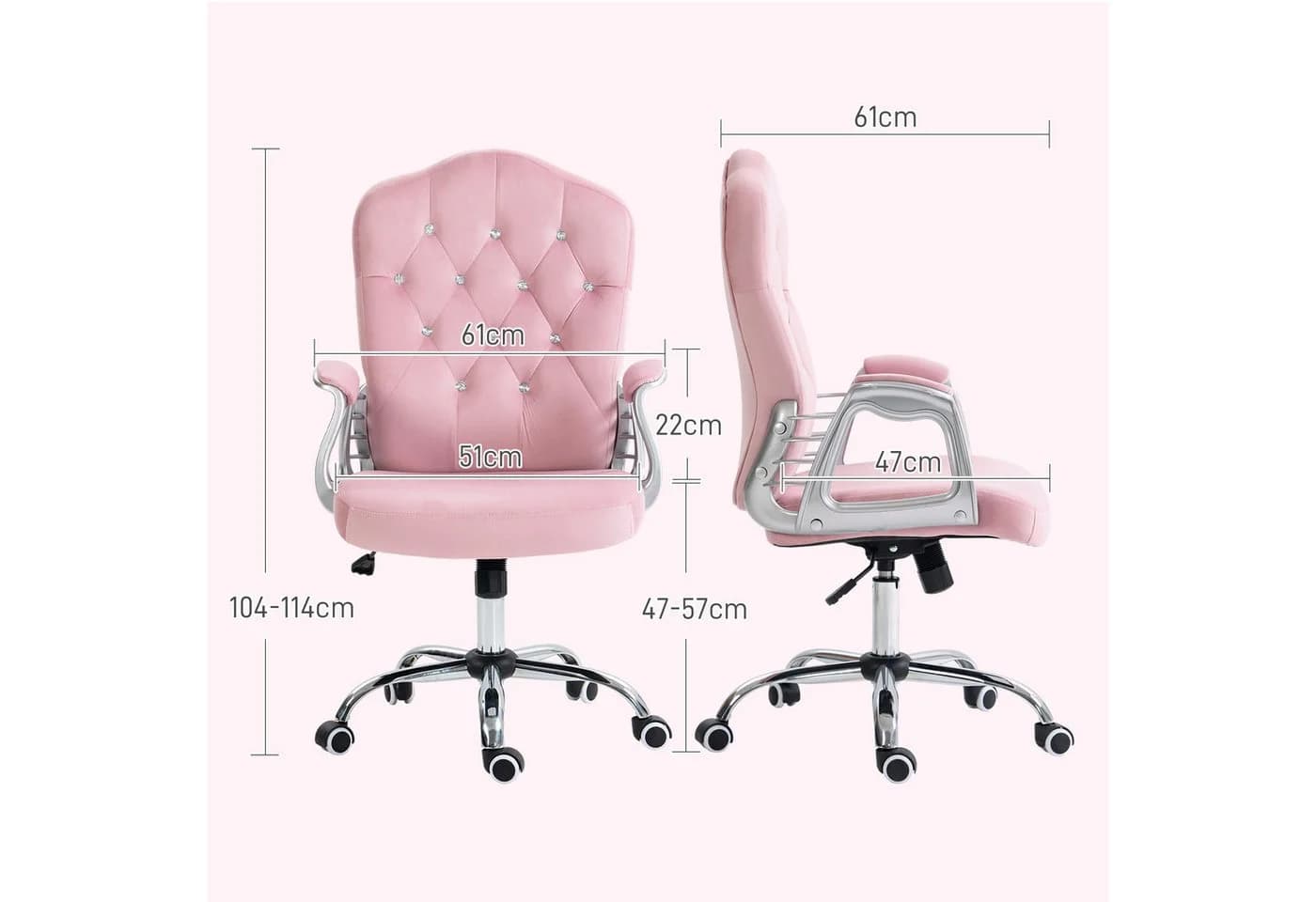 Vinsetto Bürostuhl Rosa mit Kristallknöpfen und Kippfunktion - Bild 3