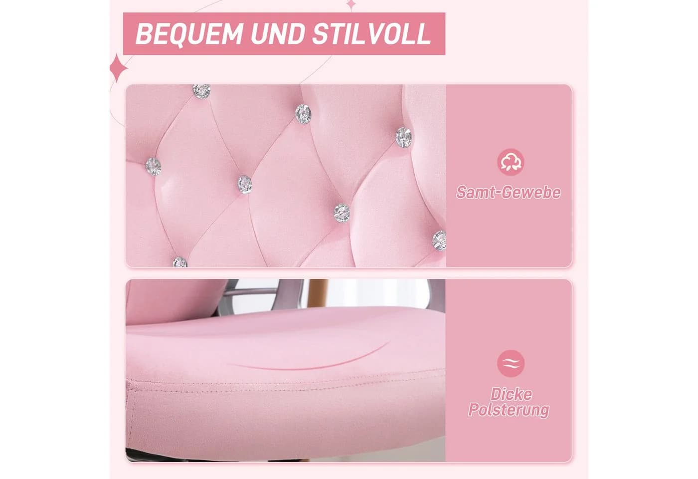 Vinsetto Bürostuhl Rosa mit Kristallknöpfen und Kippfunktion - Bild 4
