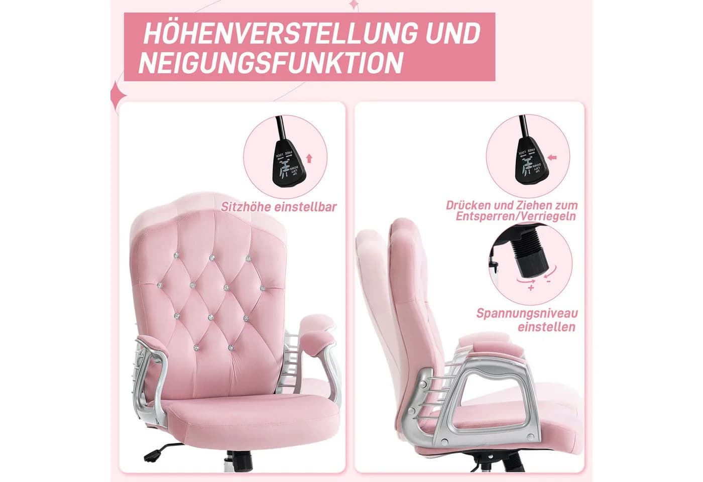 Vinsetto Bürostuhl Rosa mit Kristallknöpfen und Kippfunktion - Bild 5