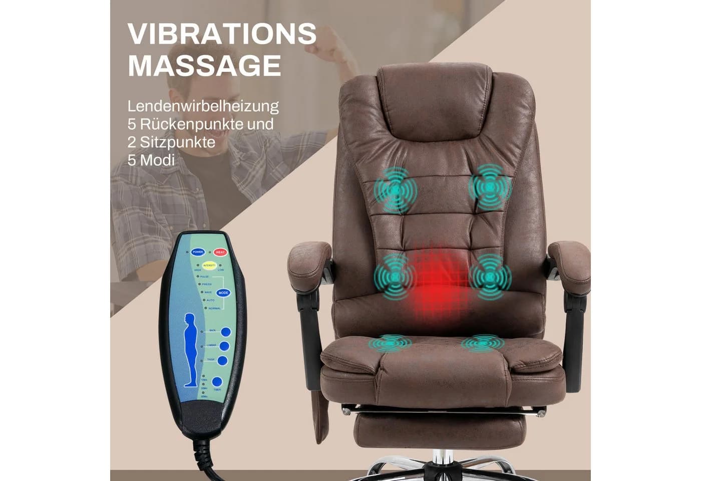 Vinsetto Schreibtischstuhl mit Massagefunktion, Braun, höhenverstellbar - Bild 4