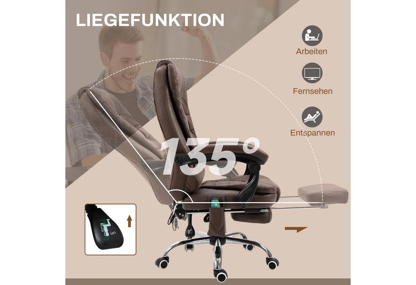 Vinsetto Schreibtischstuhl mit Massagefunktion, Braun, höhenverstellbar - Bild 5