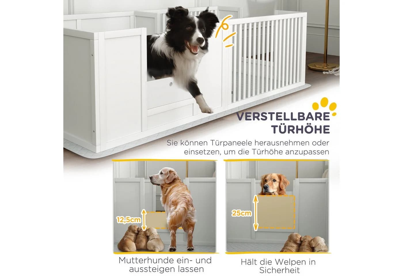 PawHut Wurfbox für Welpen mit verstellbarer Tür und Hygieneunterlage Weiß - Bild 5