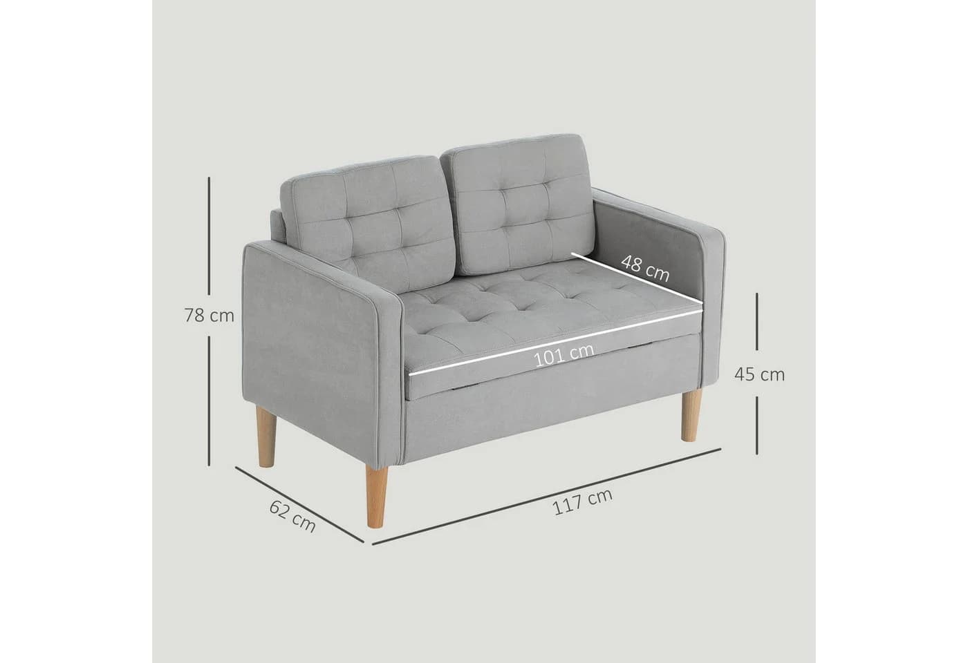 HOMCOM 2-Sitzer Couch mit Stauraum Hellgrau Samtimitat - Bild 3