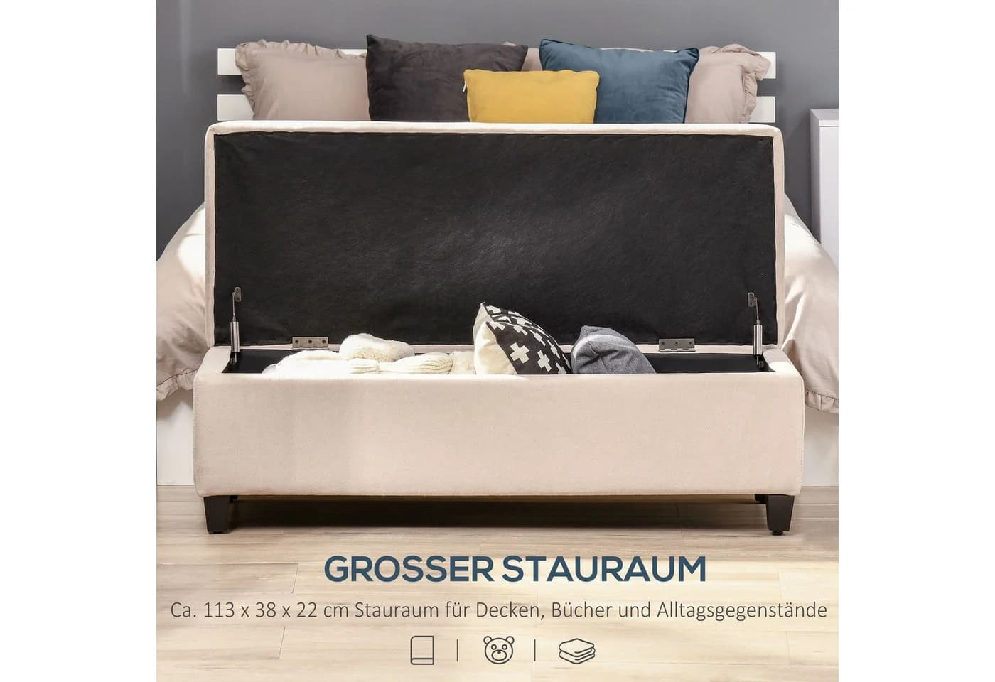 HOMCOM Sitzbank mit Deckel Beige Leinenoptik Truhenbank - Bild 4