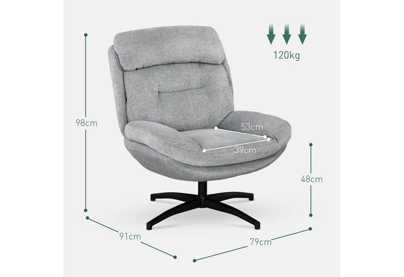 HOMCOM Relaxsessel Drehbar Loungesessel mit Wasserabweisend Chenille-Optik, Grau - Bild 3