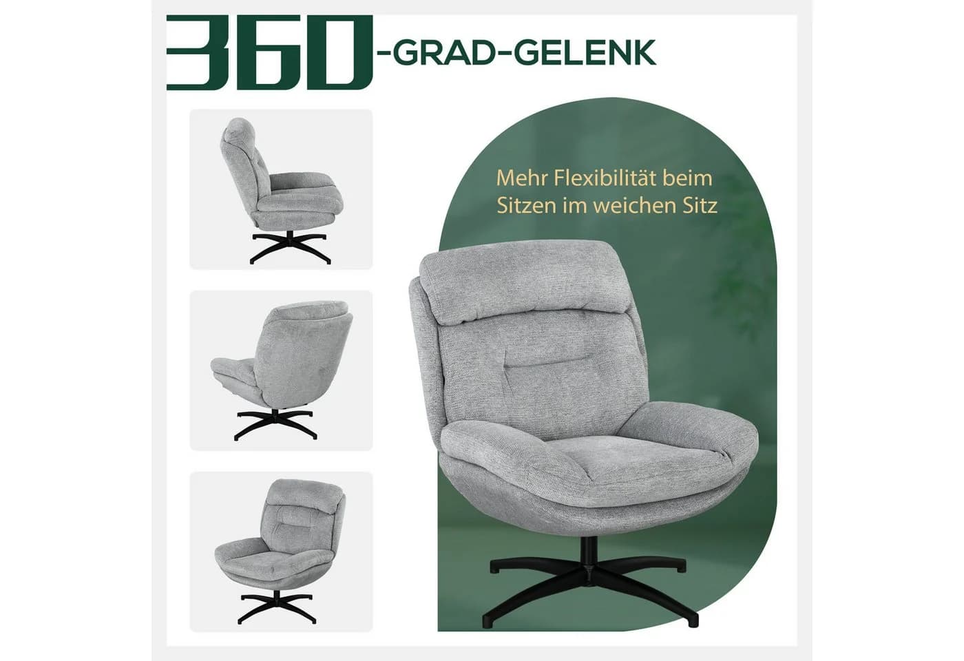 HOMCOM Relaxsessel Drehbar Loungesessel mit Wasserabweisend Chenille-Optik, Grau - Bild 4