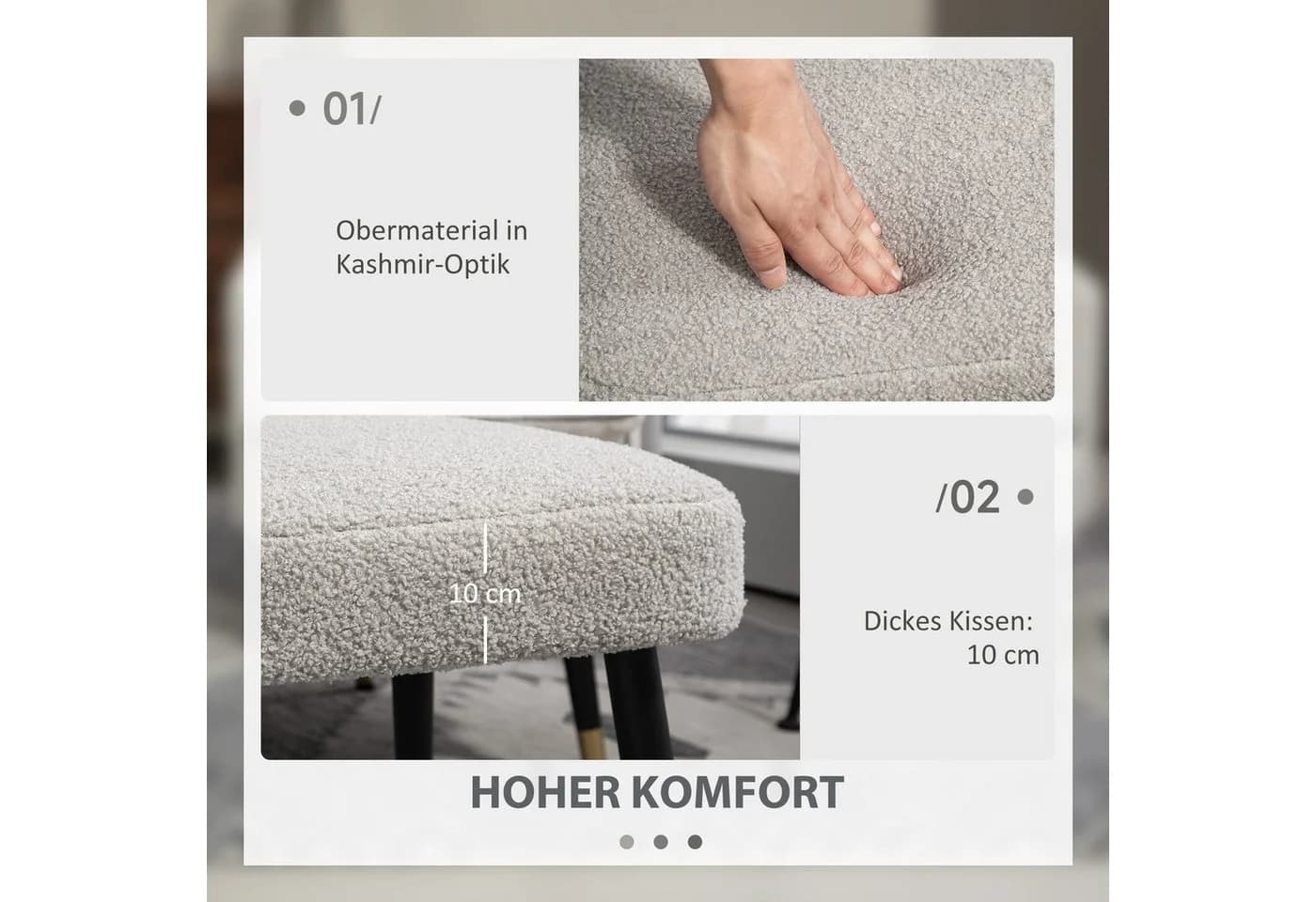 HOMCOM Fußhocker Hellgrau mit Kaschmir-Optik und Stahlbeinen - Bild 4