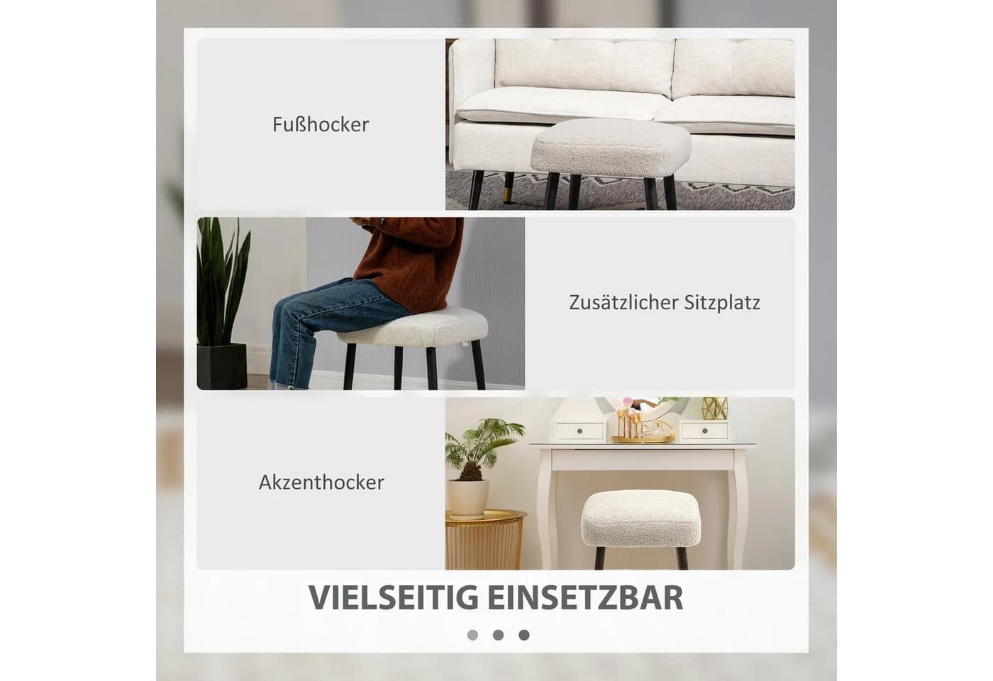 HOMCOM Fußhocker Hellgrau mit Kaschmir-Optik und Stahlbeinen - Bild 5