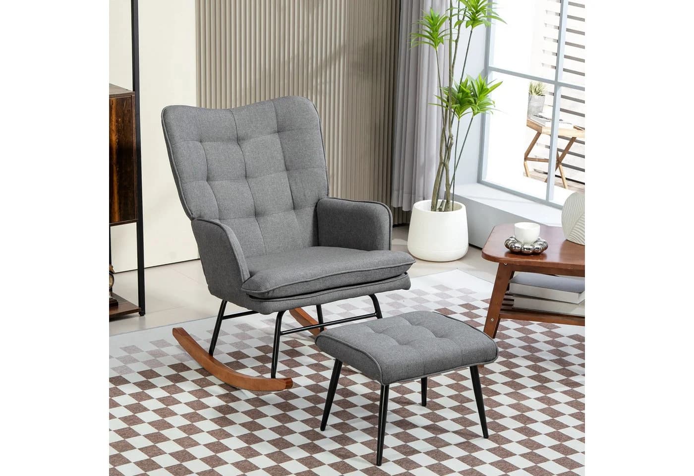 HOMCOM Schaukelsessel mit Hocker Schwarz+Dunkelgrau Leinenoptik - Bild 2