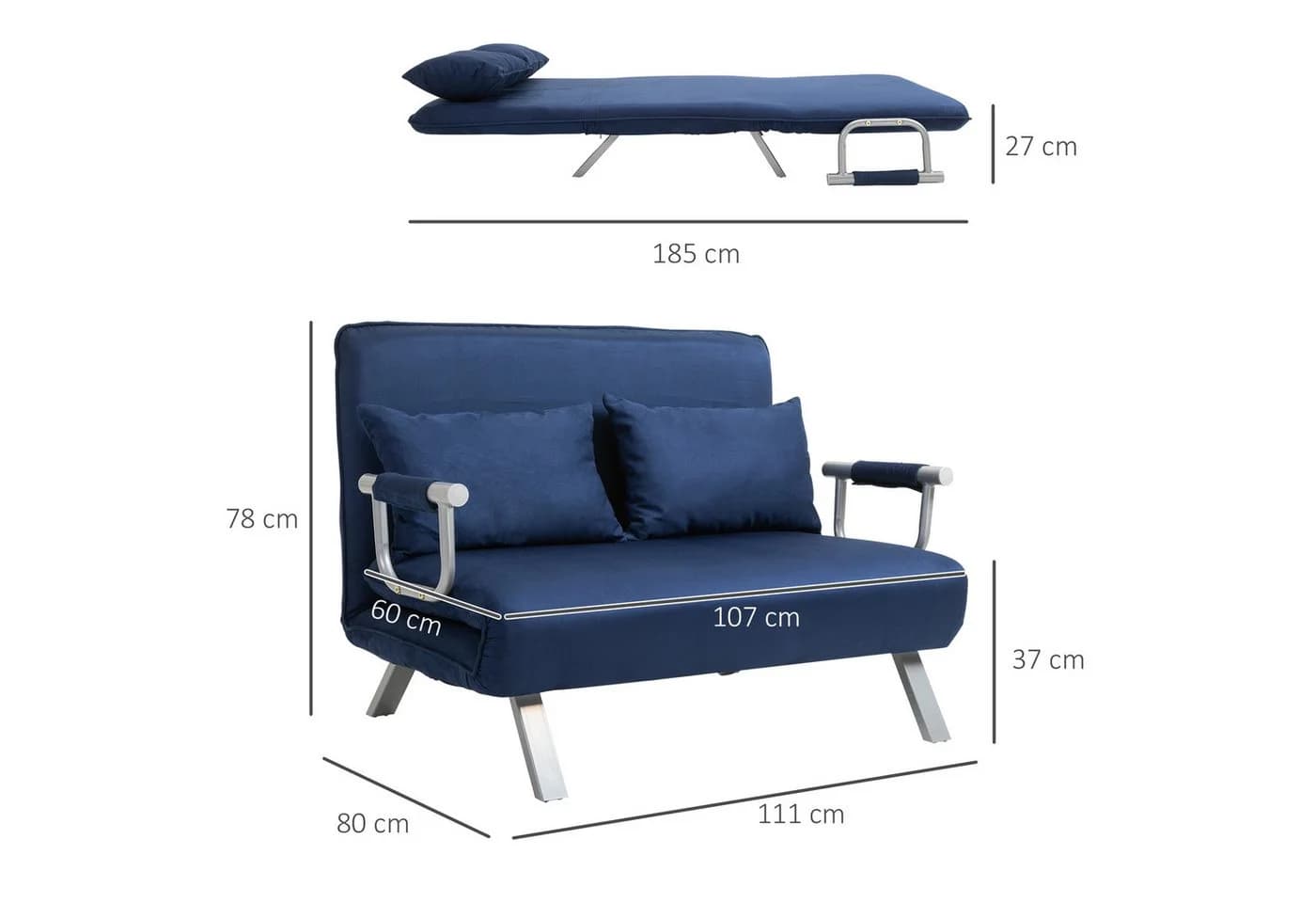 HOMCOM Schlafsofa 3 in 1 mit Schlaffunktion Blau - Bild 3