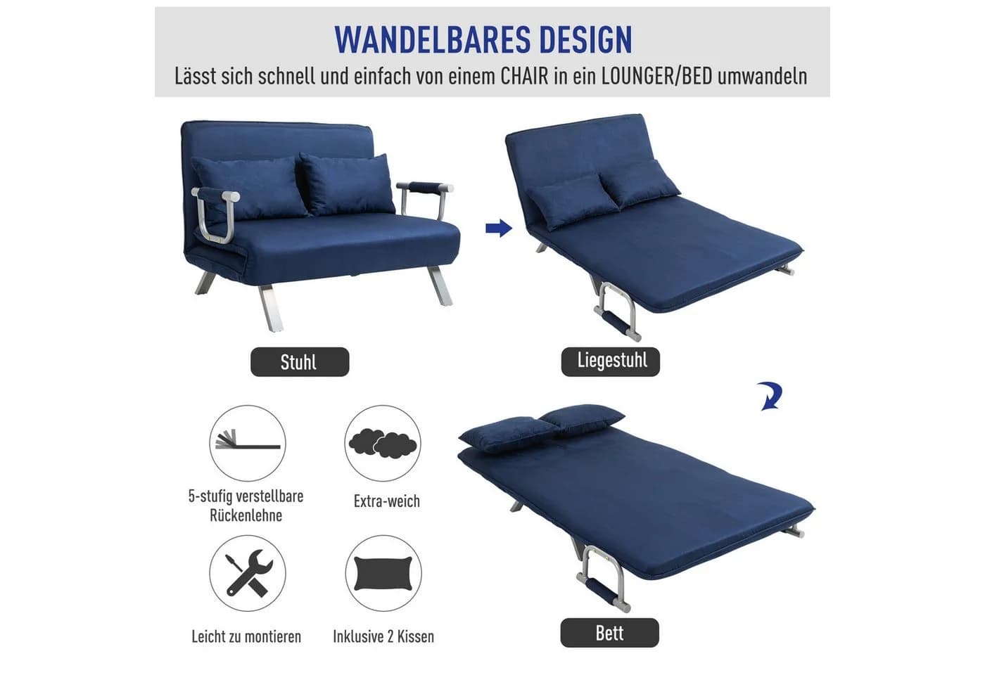 HOMCOM Schlafsofa 3 in 1 mit Schlaffunktion Blau - Bild 4