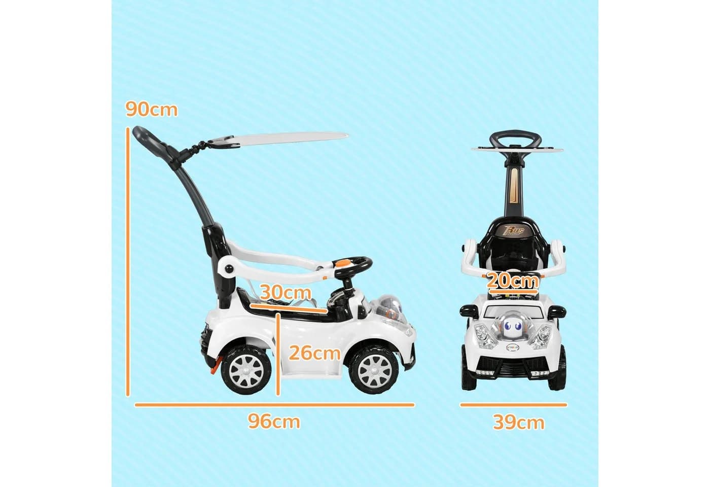 AIYAPLAY Rutschauto 3-in-1 mit Haltestange & Licht/Musik Weiß/Schwarz - Bild 3