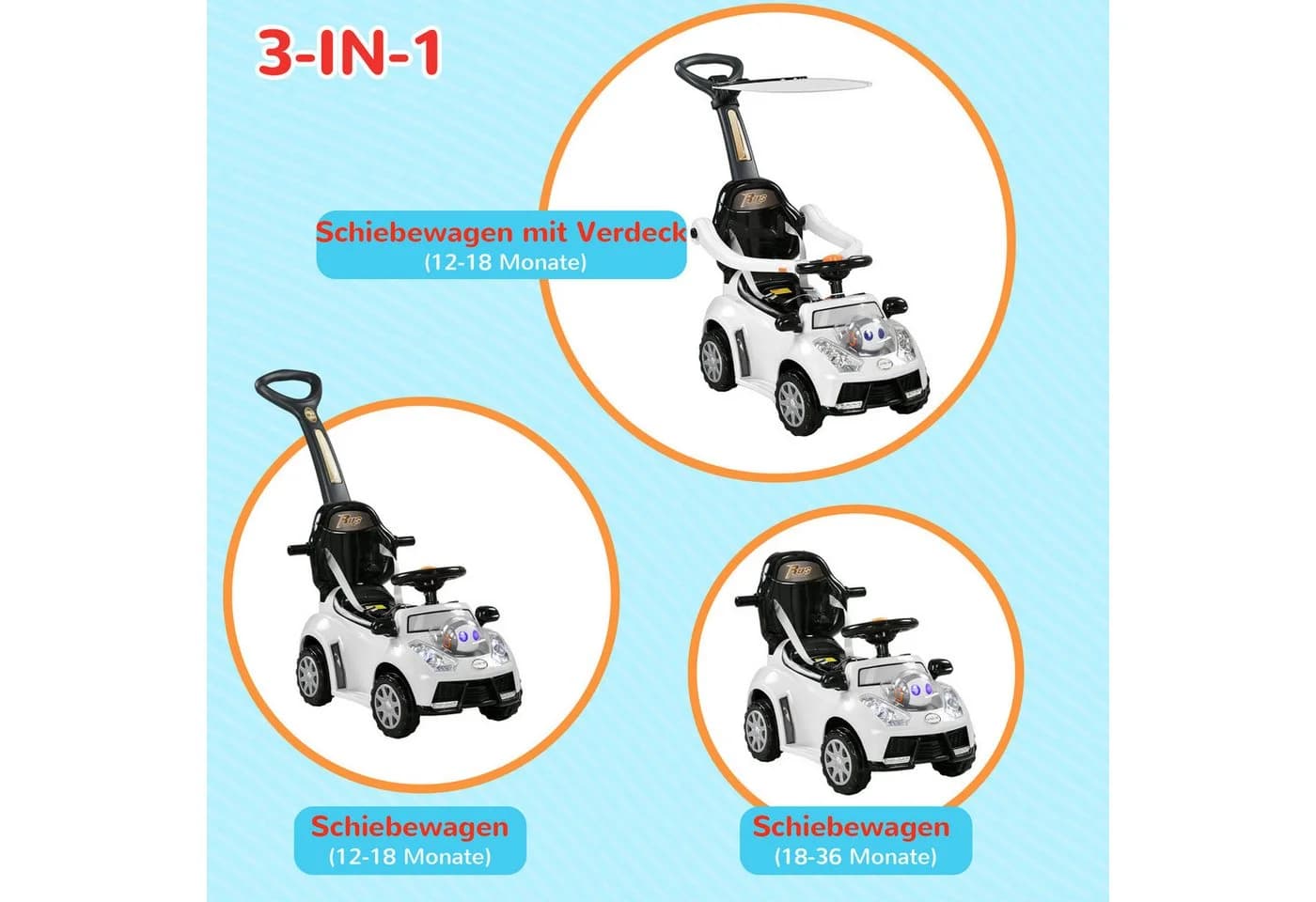 AIYAPLAY Rutschauto 3-in-1 mit Haltestange & Licht/Musik Weiß/Schwarz - Bild 4