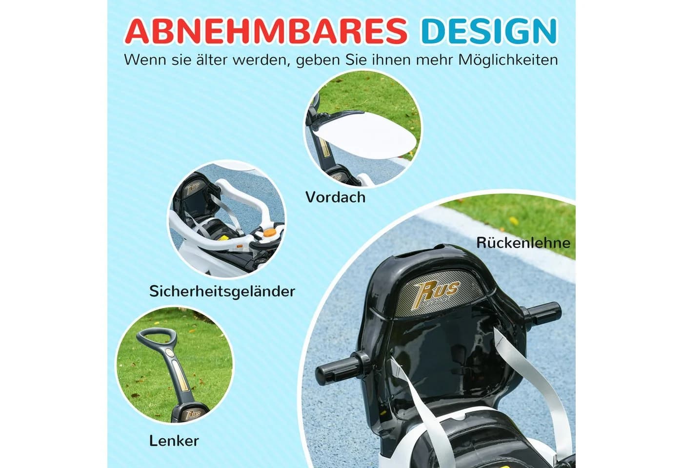 AIYAPLAY Rutschauto 3-in-1 mit Haltestange & Licht/Musik Weiß/Schwarz - Bild 5