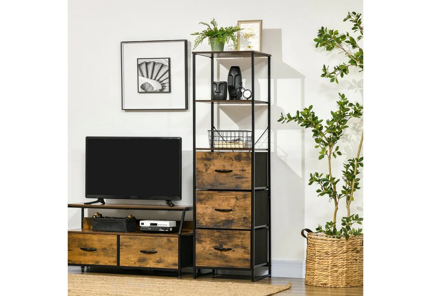 HOMCOM Kommode Sideboard 3 Schubladen Rustikalbraun Industrial Design - Bild 2