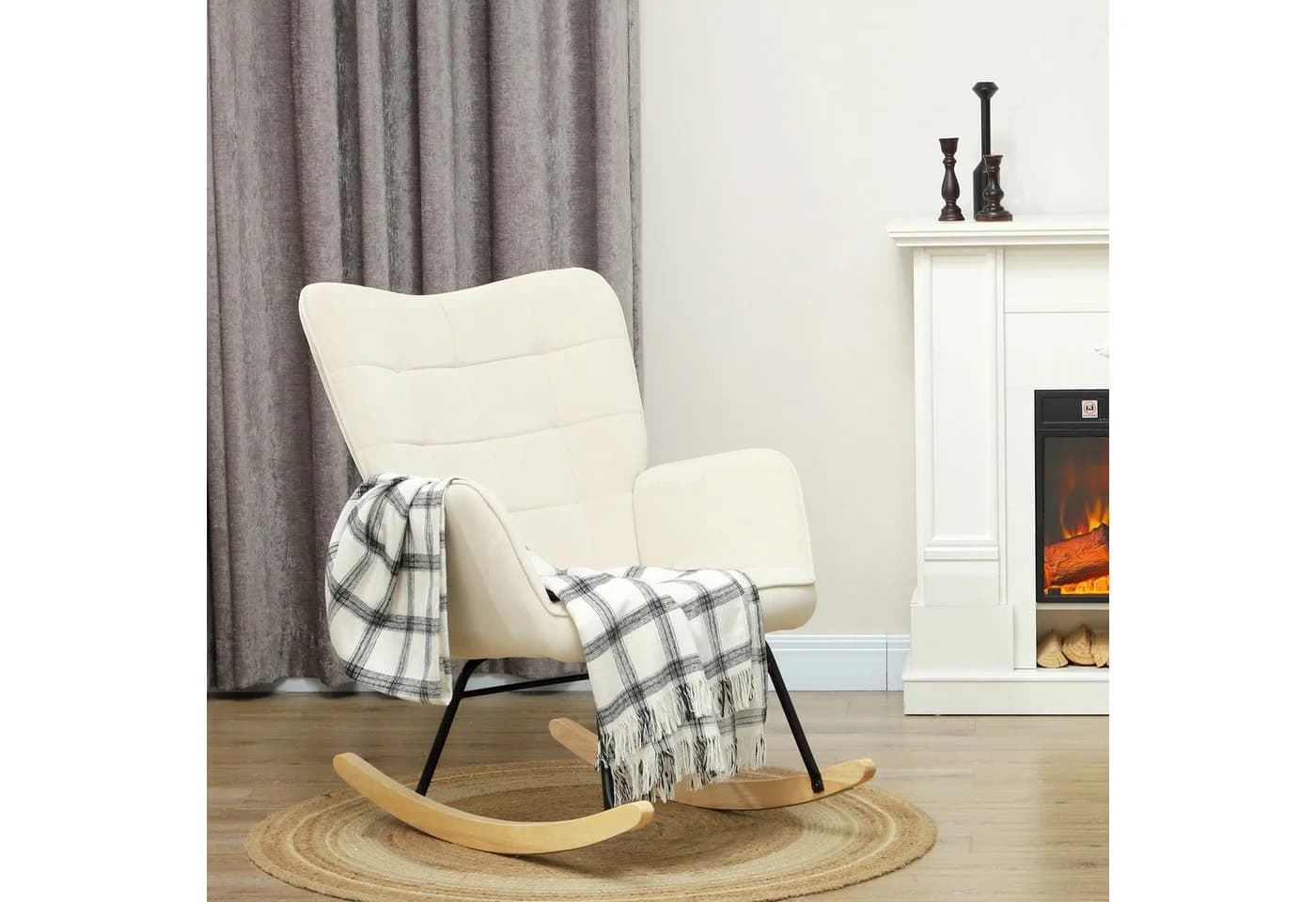 HOMCOM Schaukelstuhl Sessel Beige Samtoptik Armlehne Holzkufen - Bild 2
